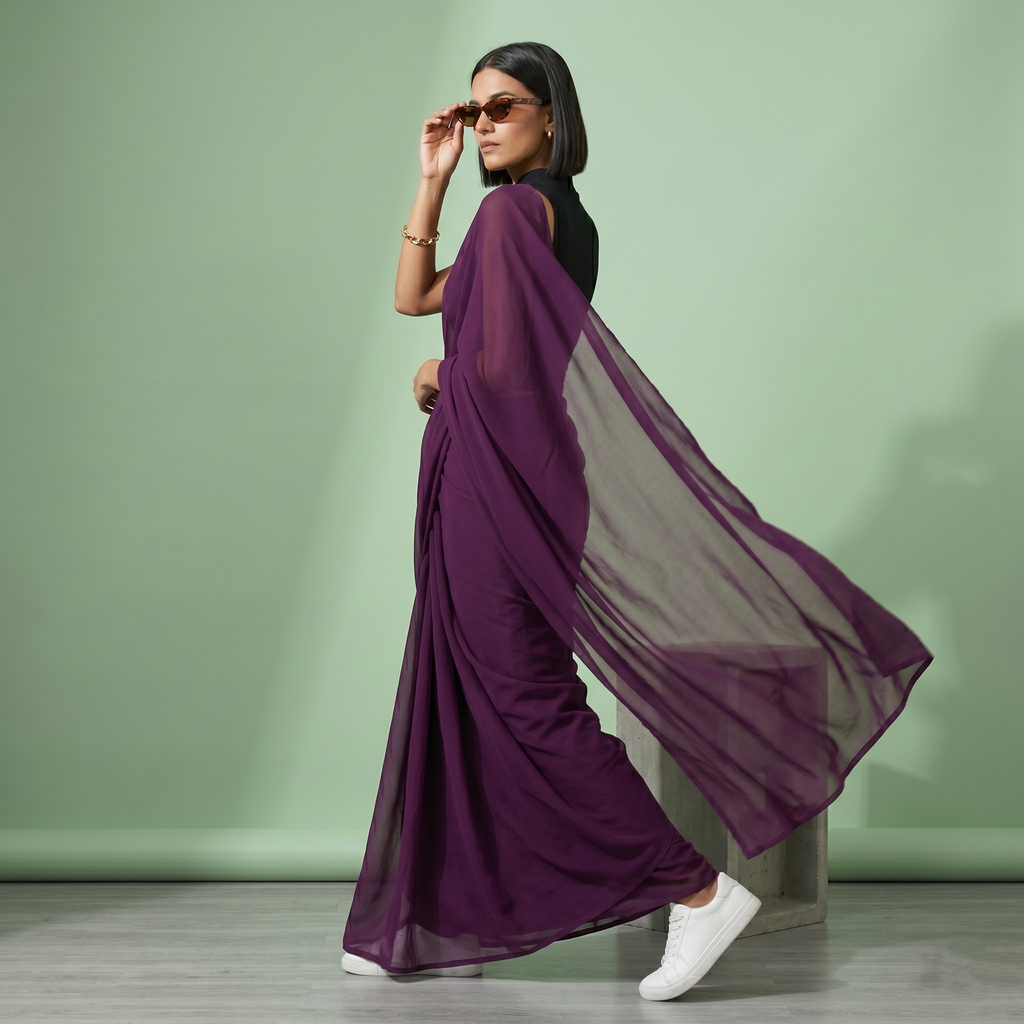 Plain chiffon saree in Purple wine