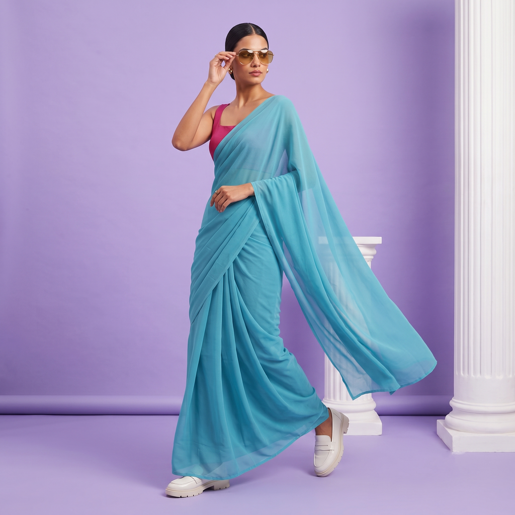 Plain Premium Georgette Saree in Blue Colour