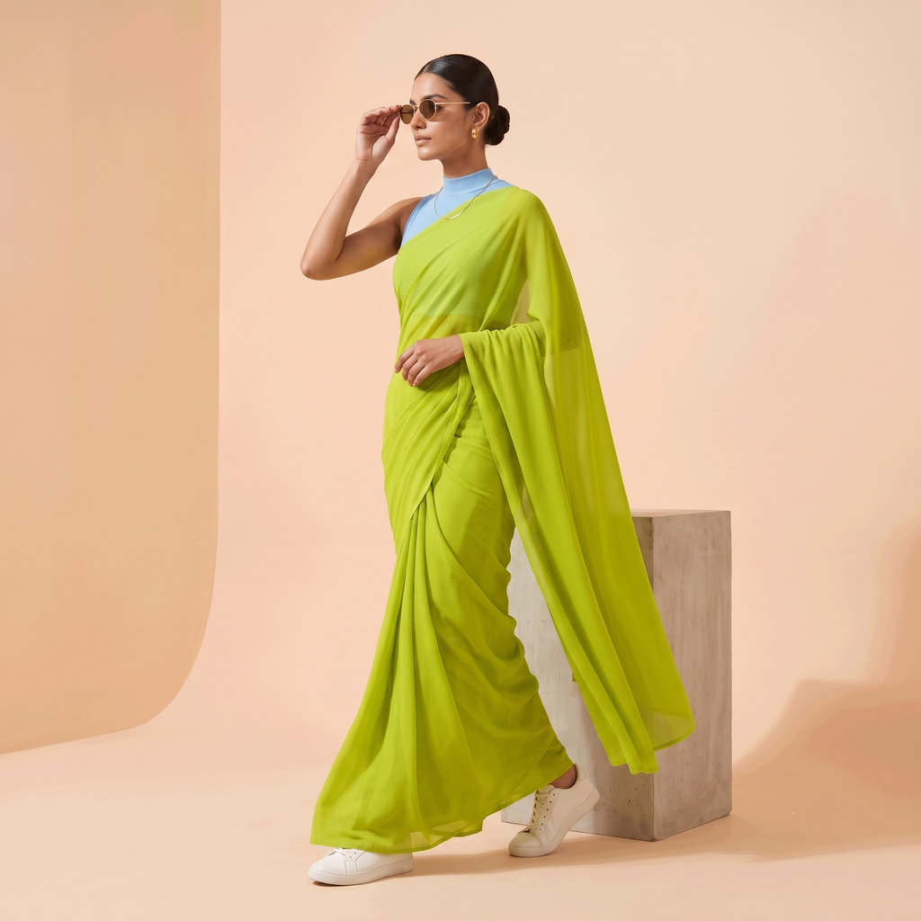 Plain Premium Georgette Saree in Lime Green Colour