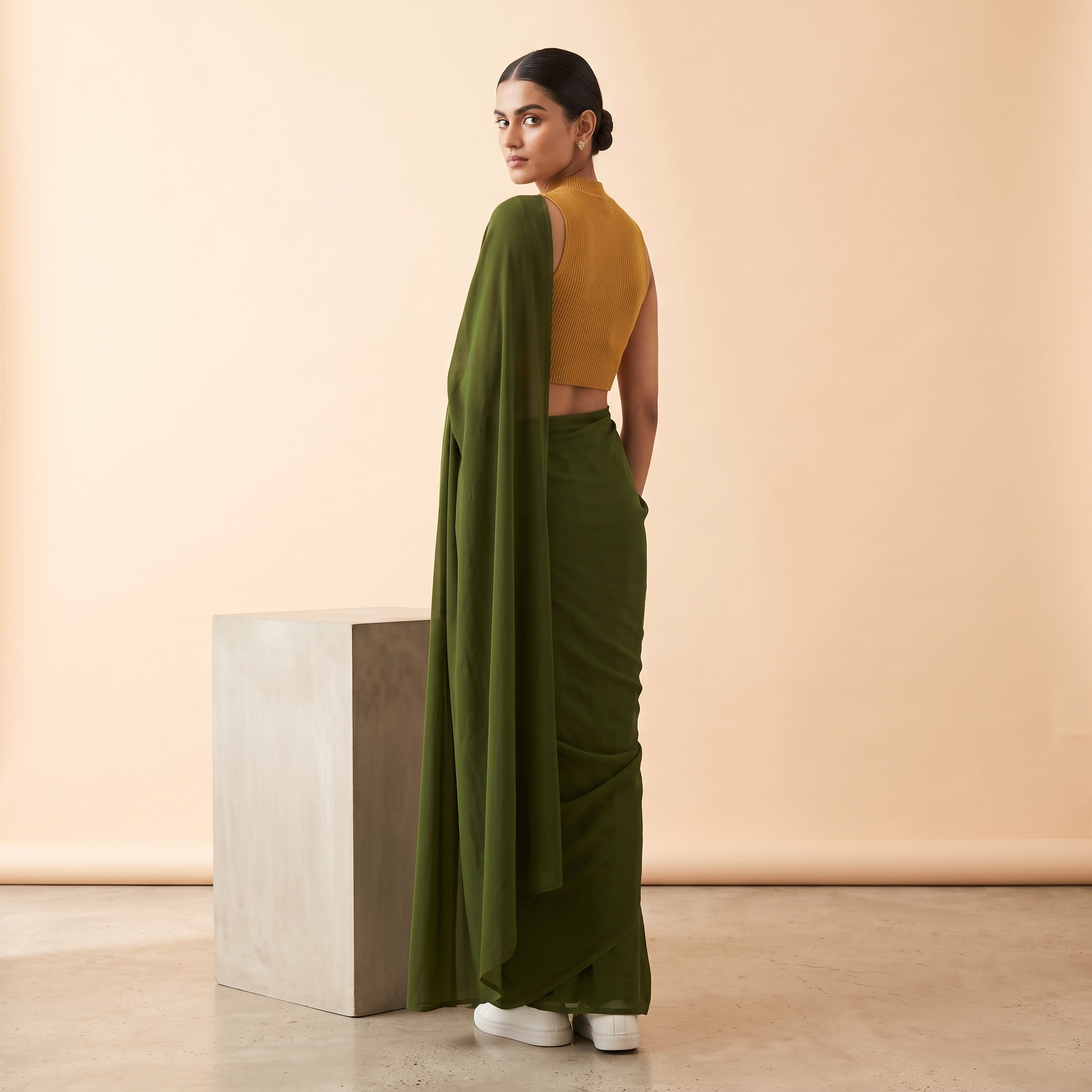 Plain Premium Georgette Saree in Military Green Colour