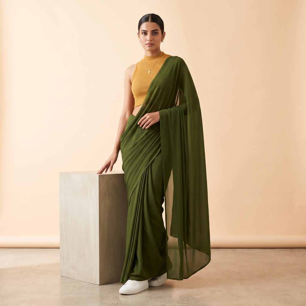 Plain Premium Georgette Saree in Military Green Colour