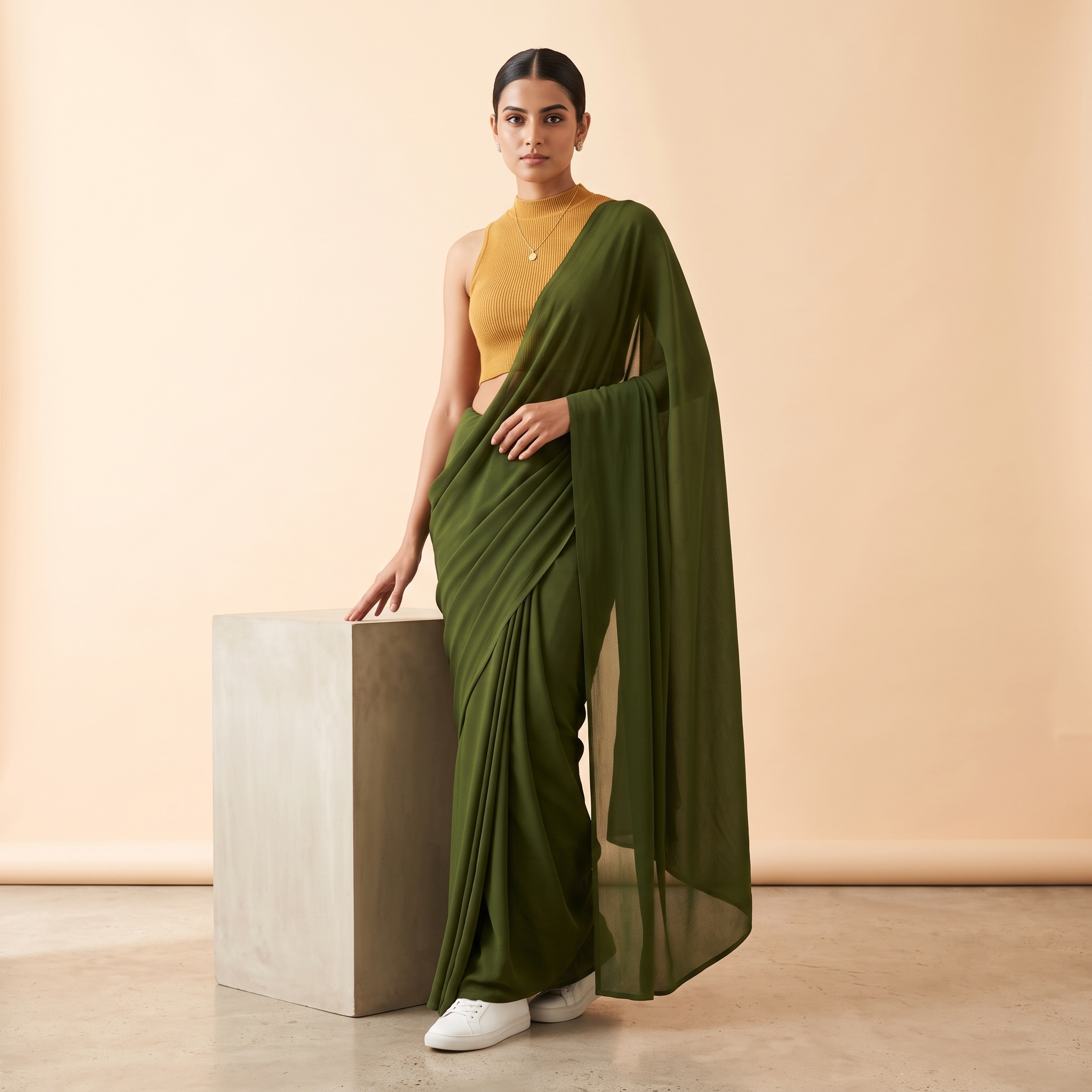 Plain Premium Georgette Saree in Military Green Colour