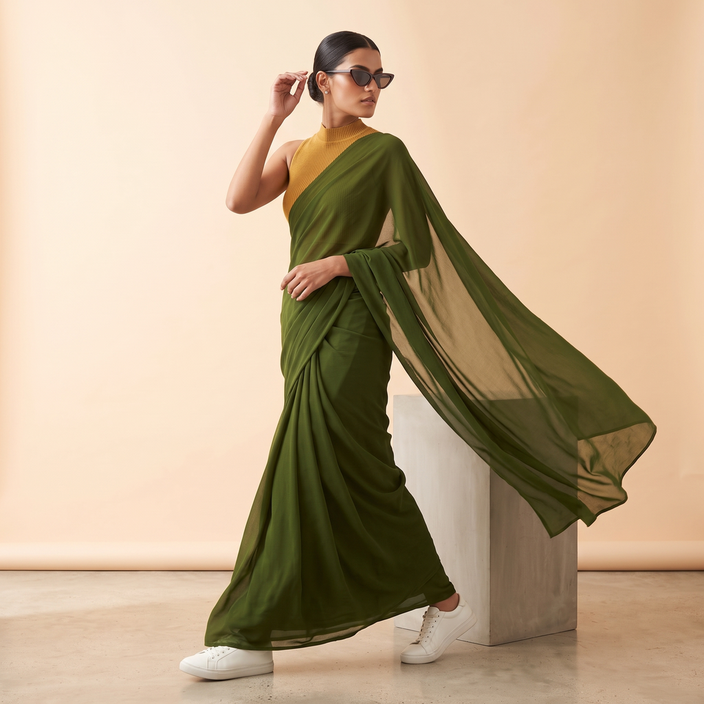 Plain Premium Georgette Saree in Military Green Colour