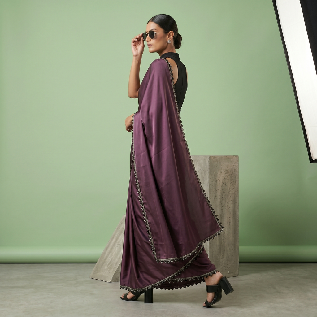 Georgette Silk Dark Lavender Saree with Black Border