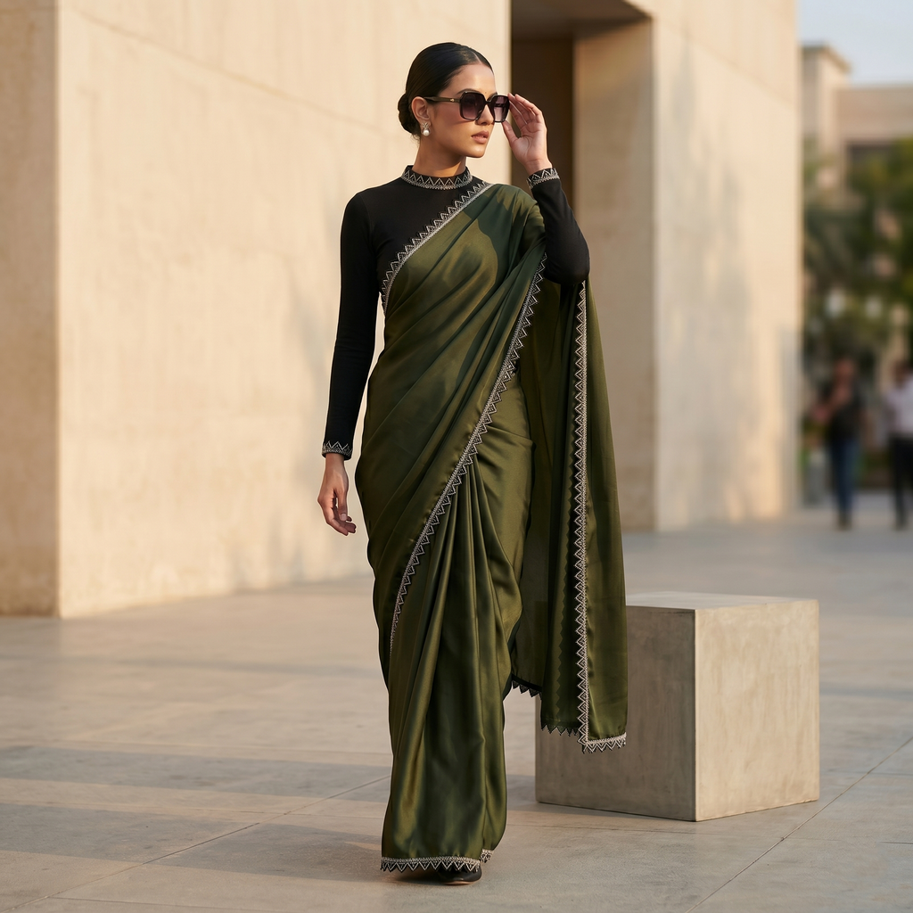 Georgette Silk Henna Green Saree with Black Border