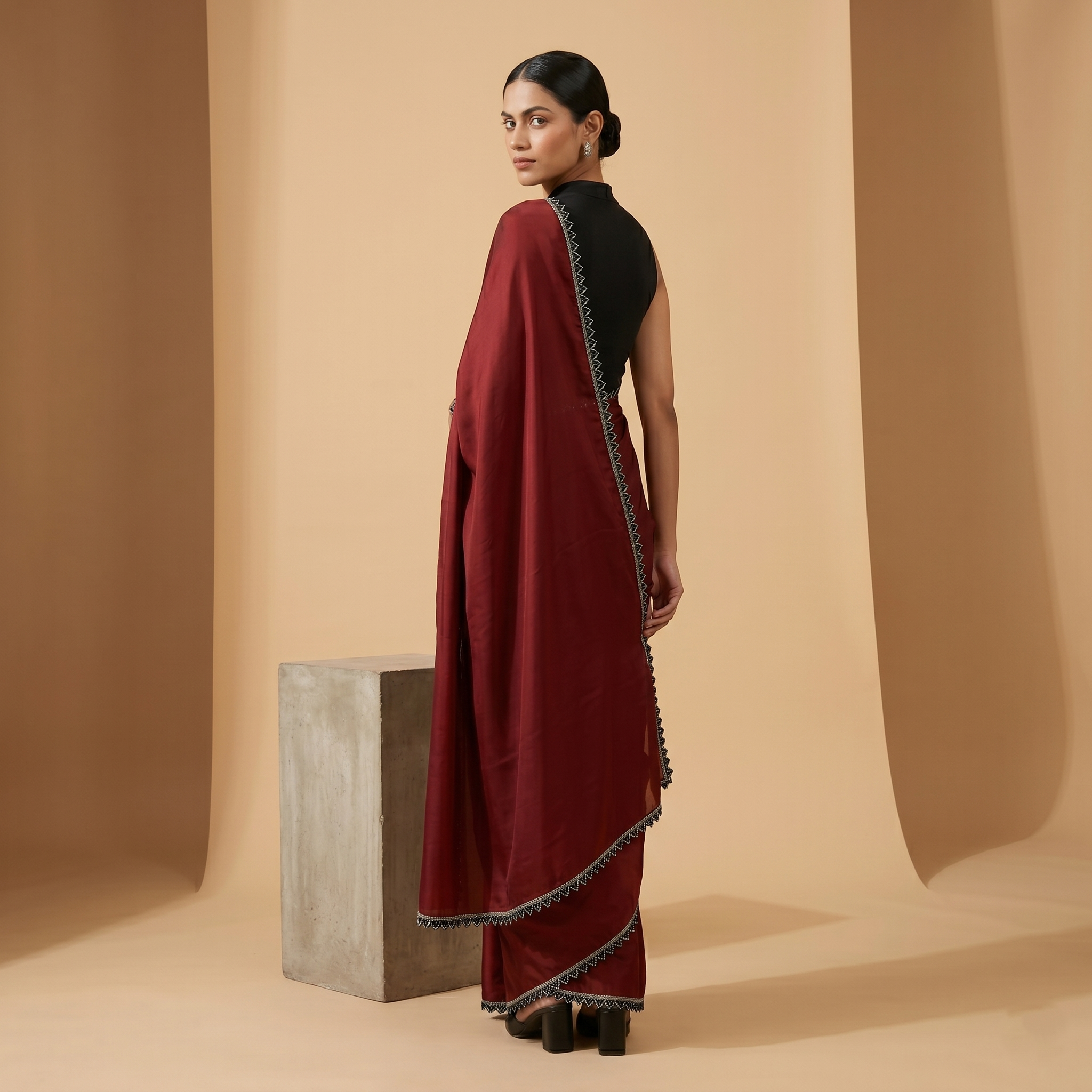 Georgette Silk Maroon Saree with Black Border