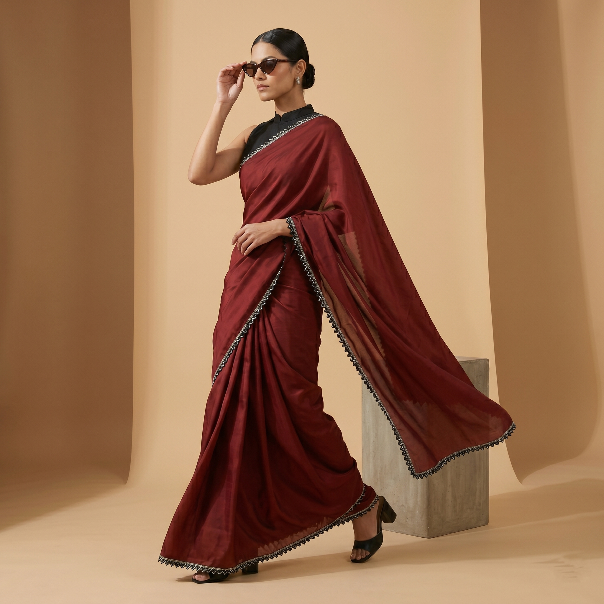 Georgette Silk Maroon Saree with Black Border
