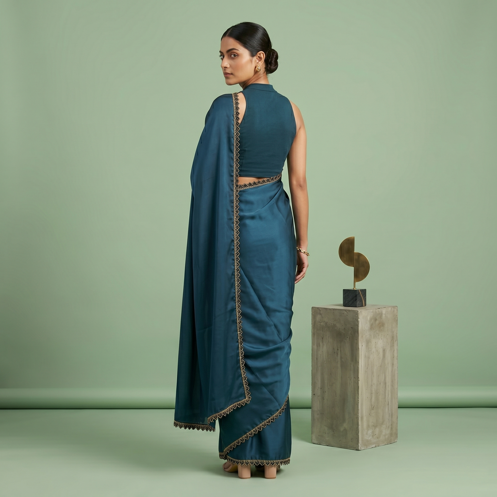 Georgette Silk Teal Blue Saree with Black Border
