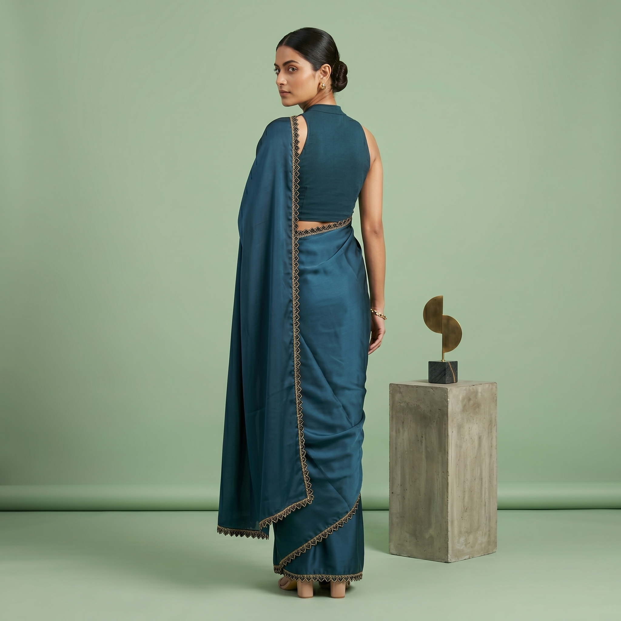 Georgette Silk Teal Blue Saree with Black Border