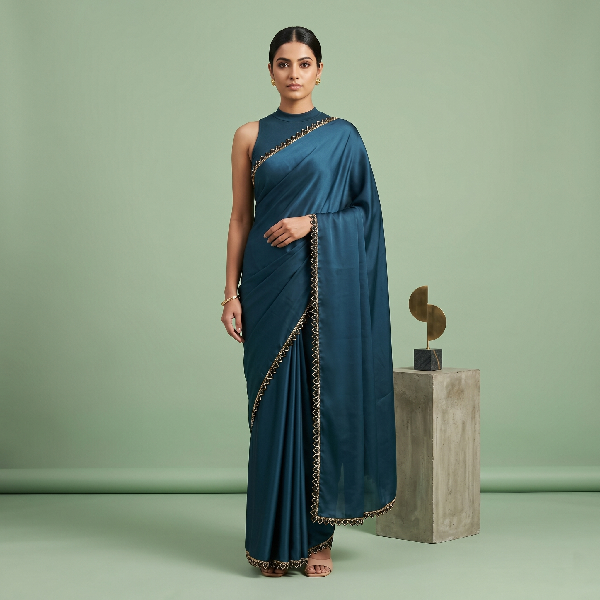 Georgette Silk Teal Blue Saree with Black Border