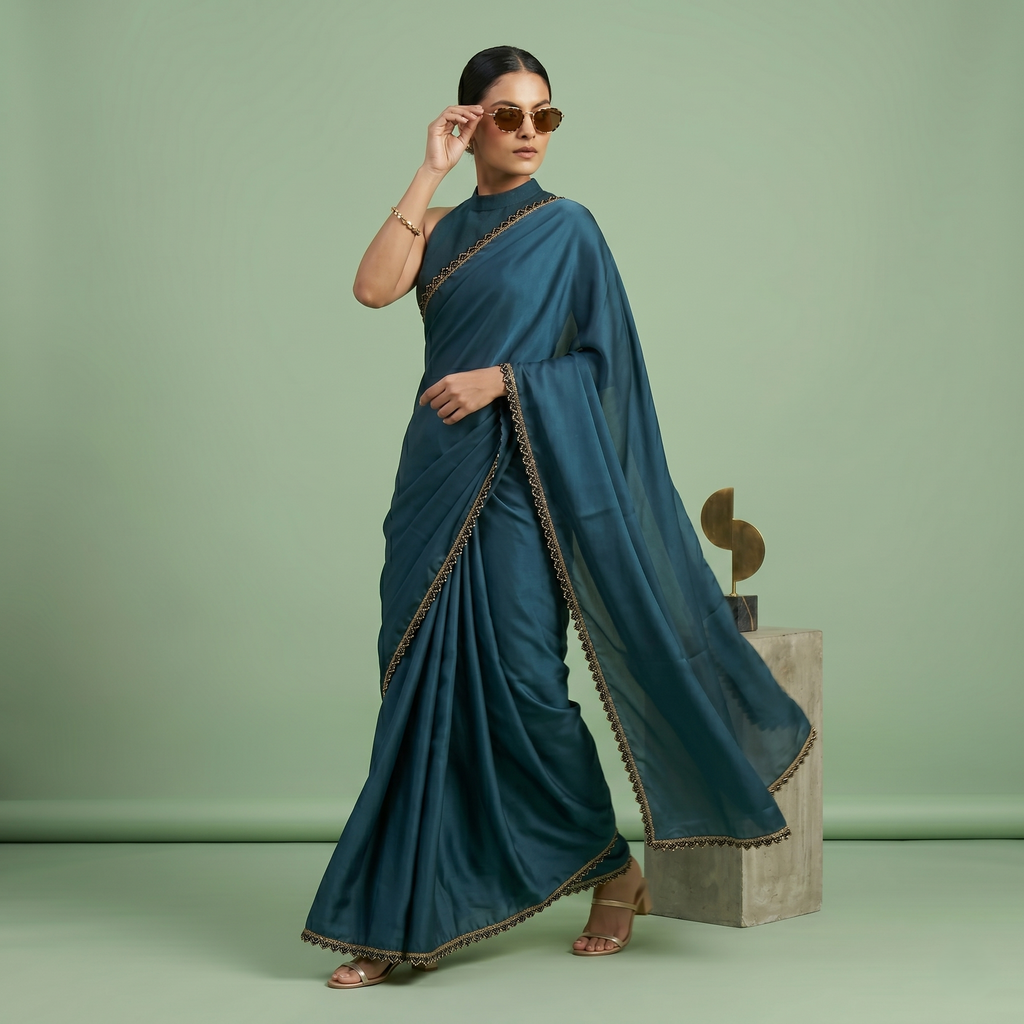Georgette Silk Teal Blue Saree with Black Border