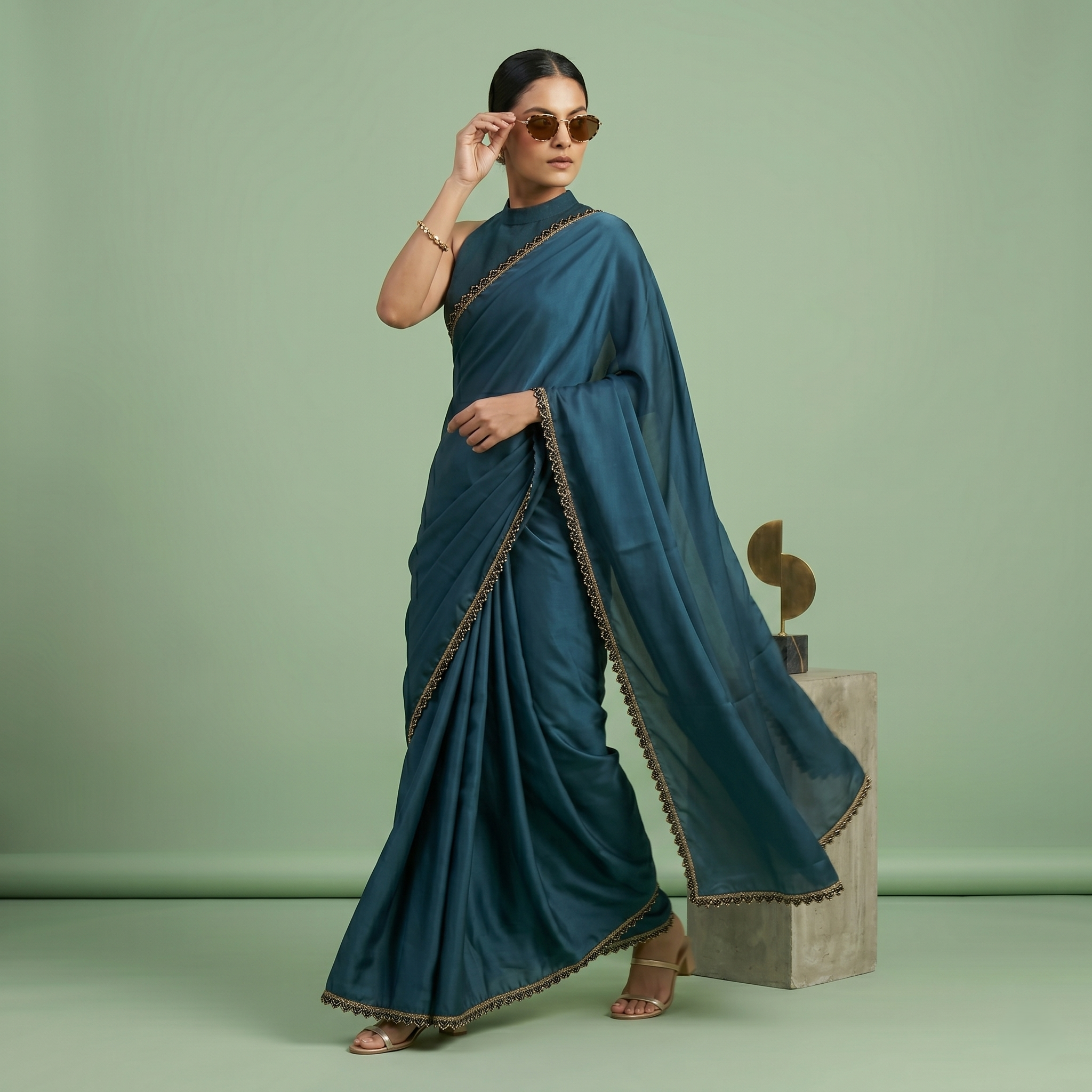 Georgette Silk Teal Blue Saree with Black Border