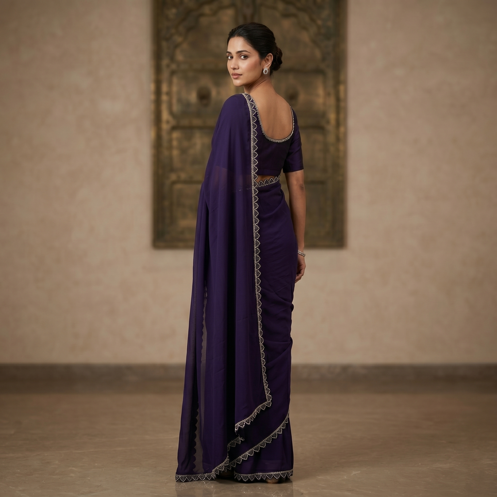 Georgette Silk Wine Saree with Black Border