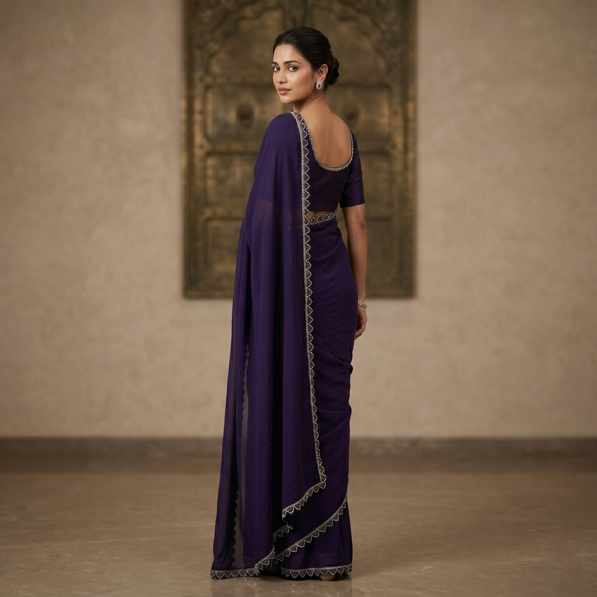 Georgette Silk Wine Saree with Black Border