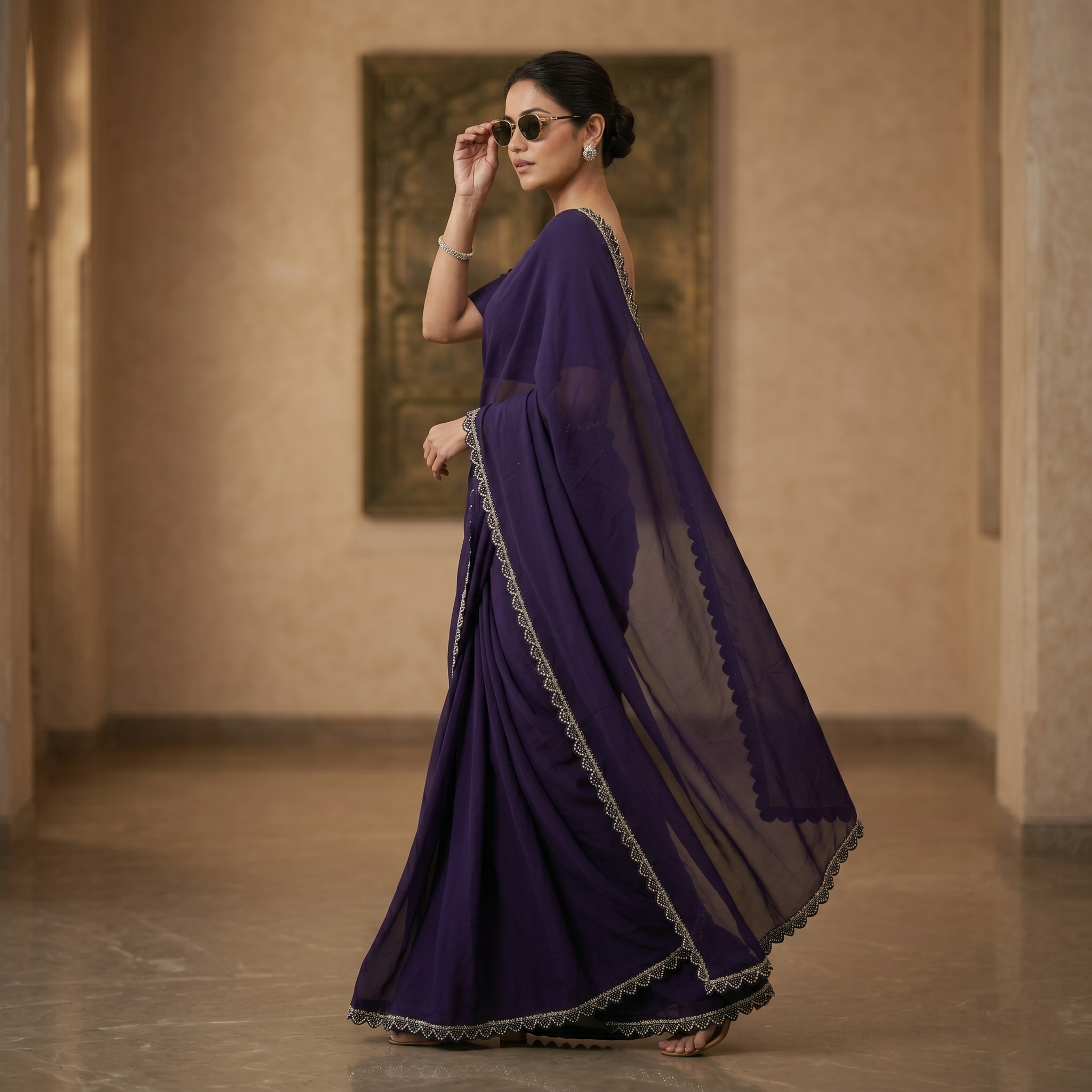 Georgette Silk Wine Saree with Black Border