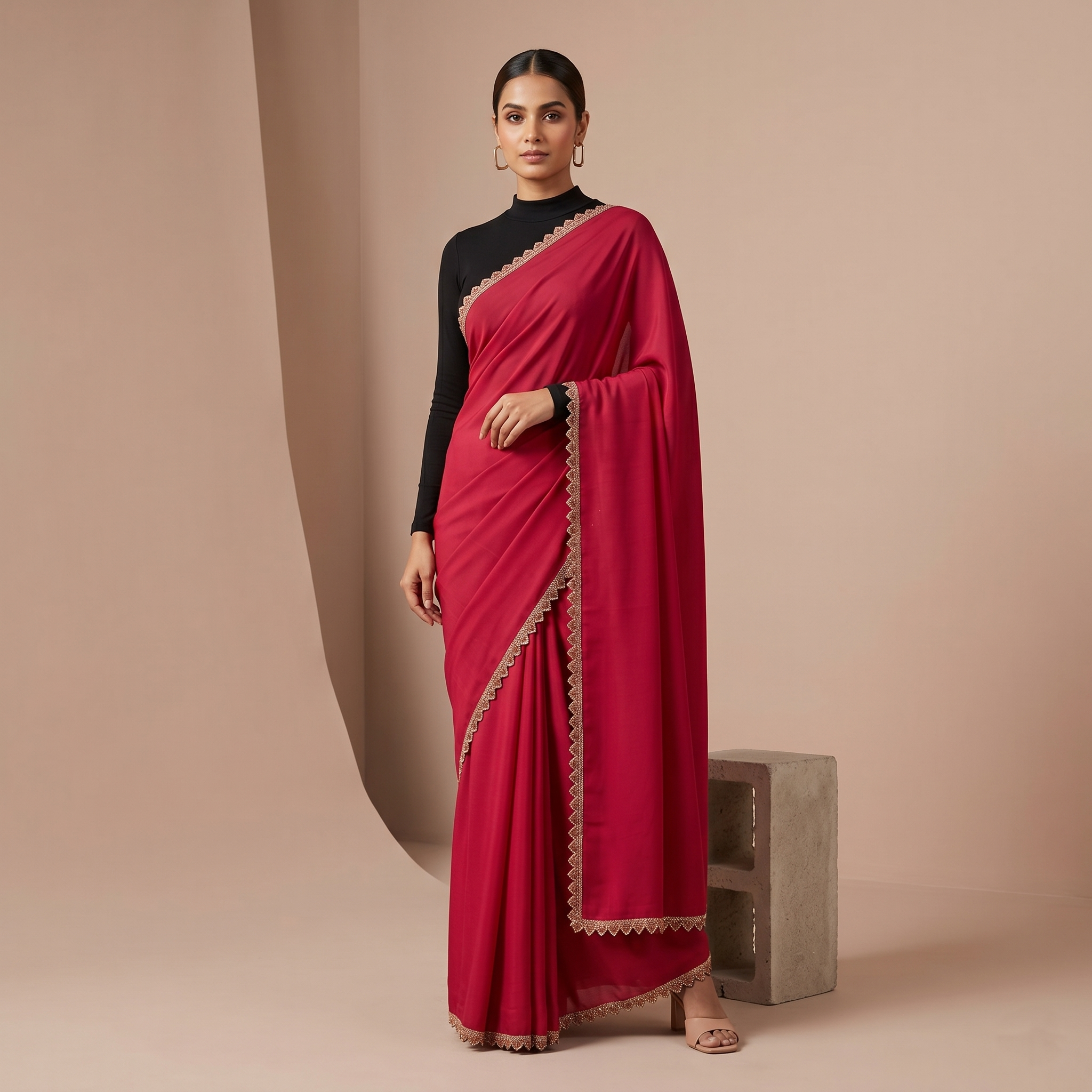 Georgette Silk Pink Saree with Rose Gold Border