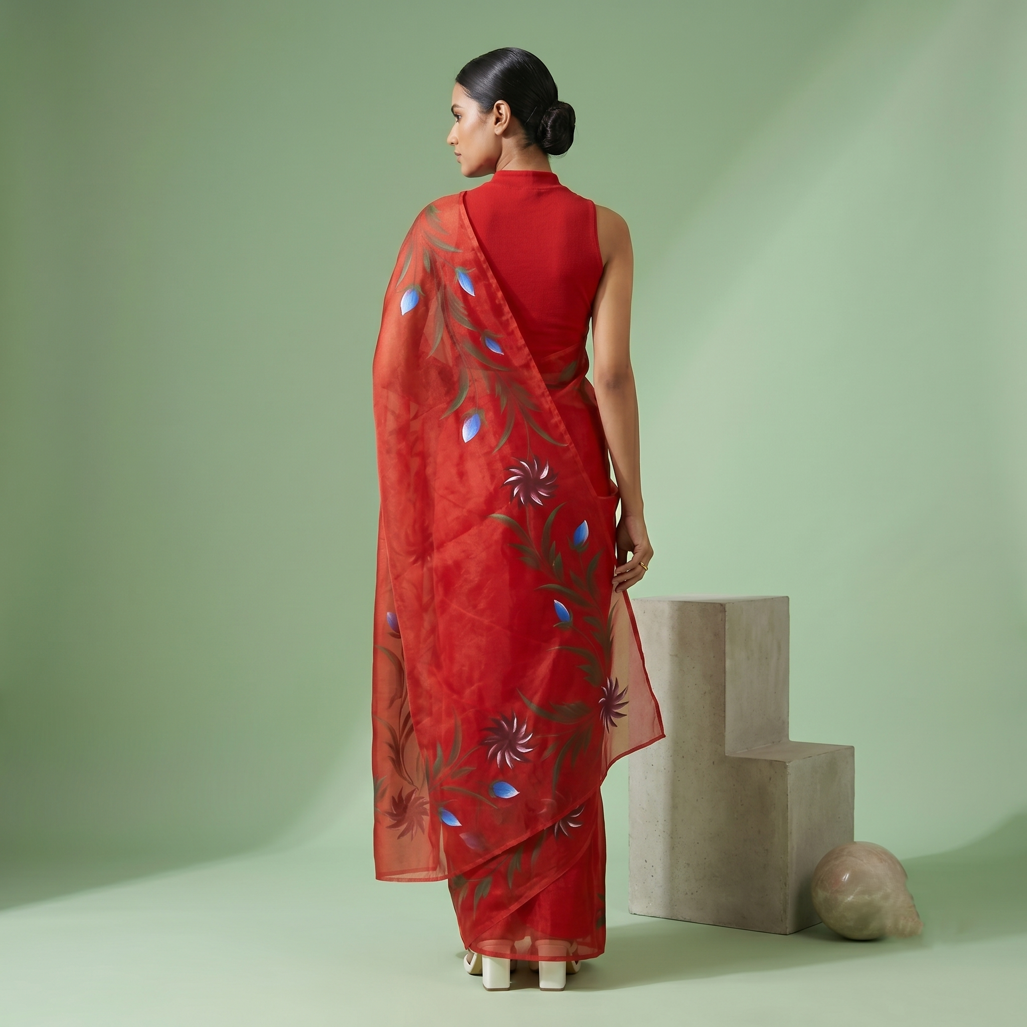Hand Painted Soft Tissue Saree in Red Colour