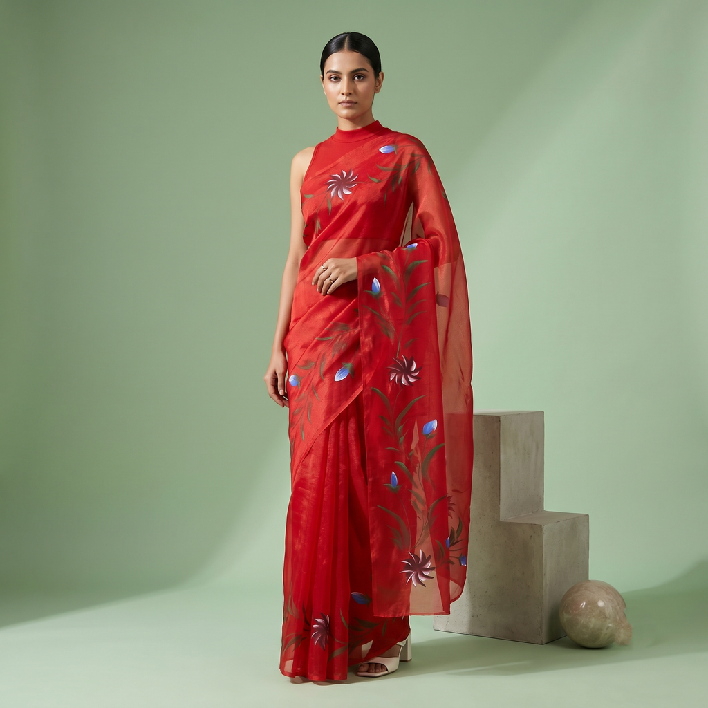 Hand Painted Soft Tissue Saree in Red Colour
