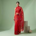 Hand Painted Soft Tissue Saree in Red Colour