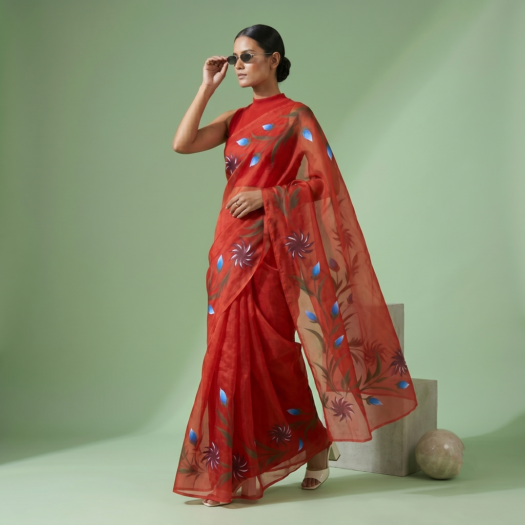 Hand Painted Soft Tissue Saree in Red Colour
