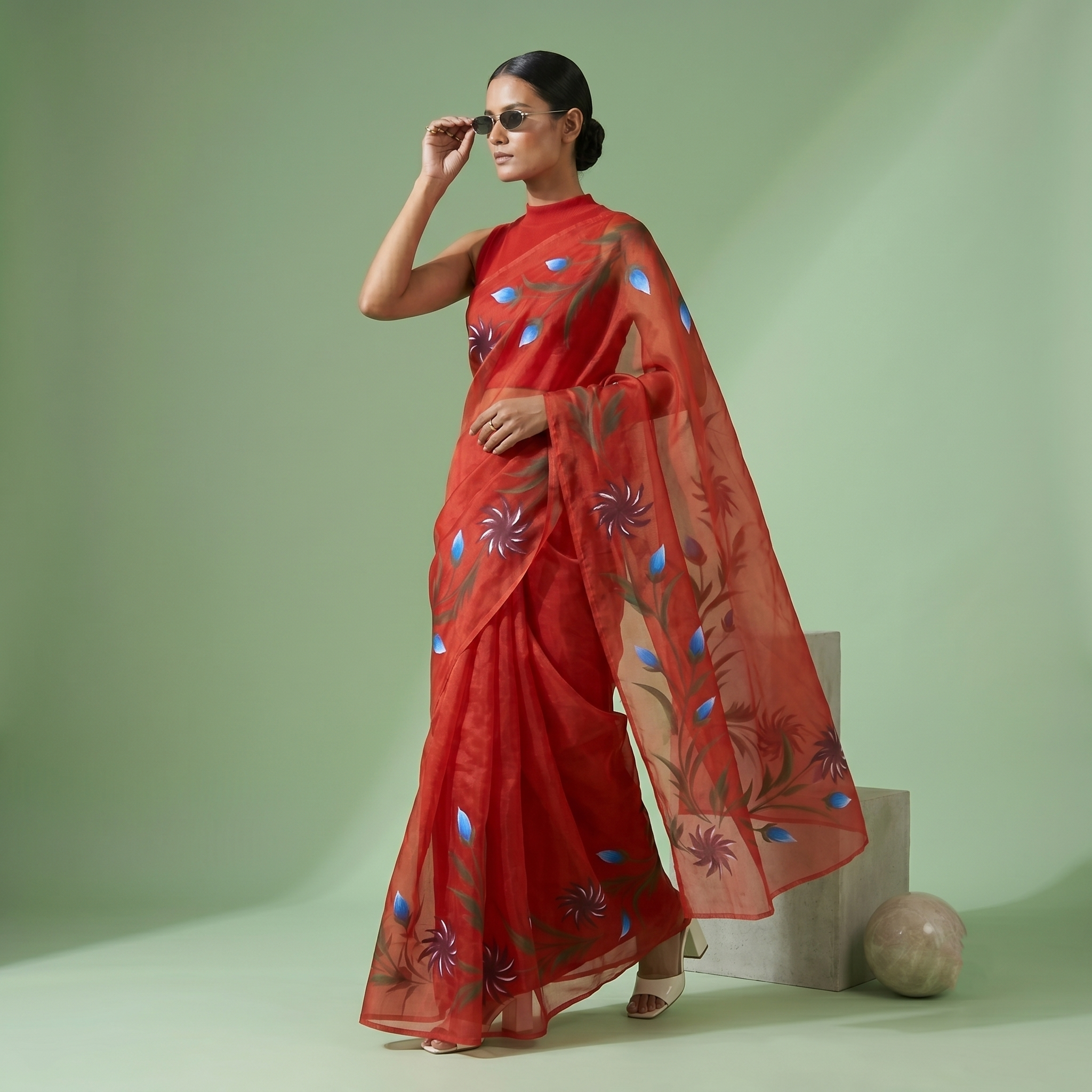 Hand Painted Soft Tissue Saree in Red Colour
