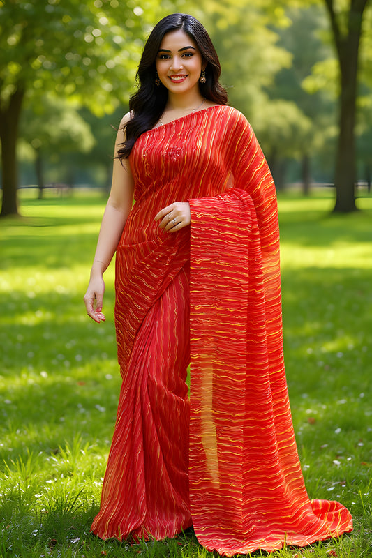 Printed Red Wavy Leheriya Saree