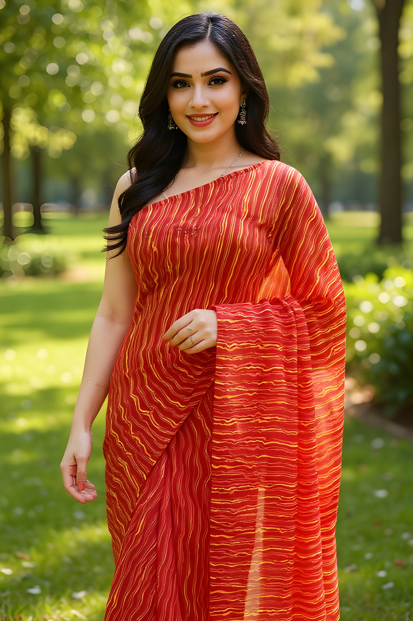 Printed Red Wavy Leheriya Saree
