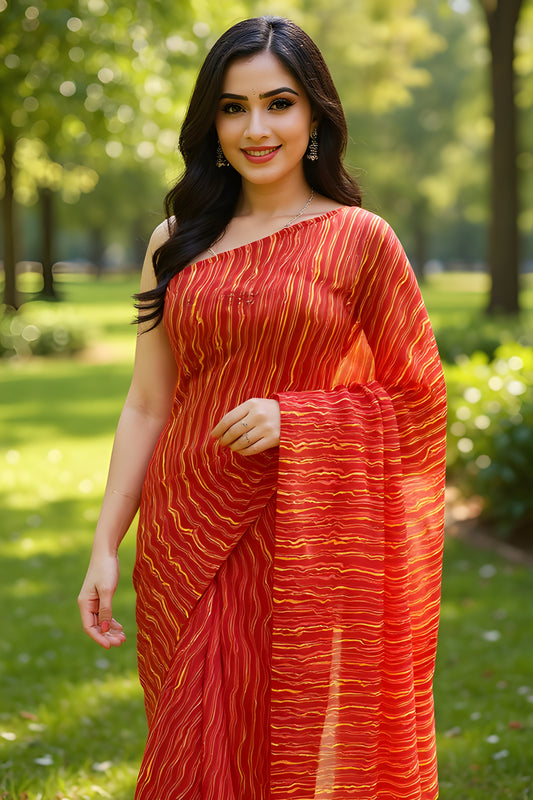 Printed Red Wavy Leheriya Saree