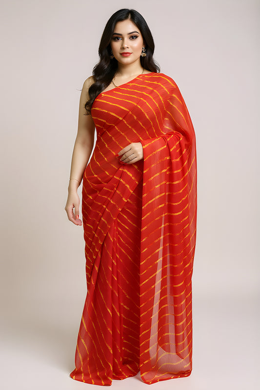 Printed Red Leheriya Saree
