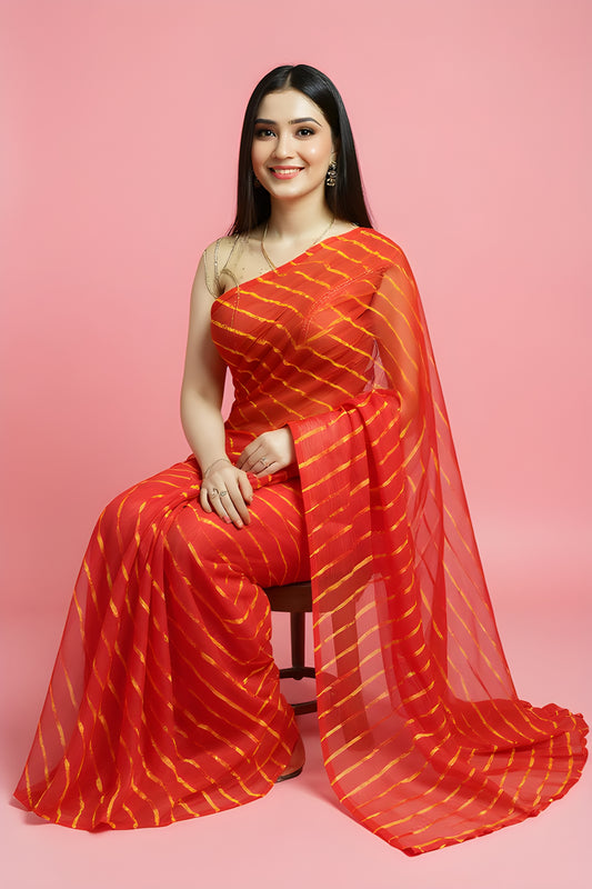Printed Red Leheriya Saree