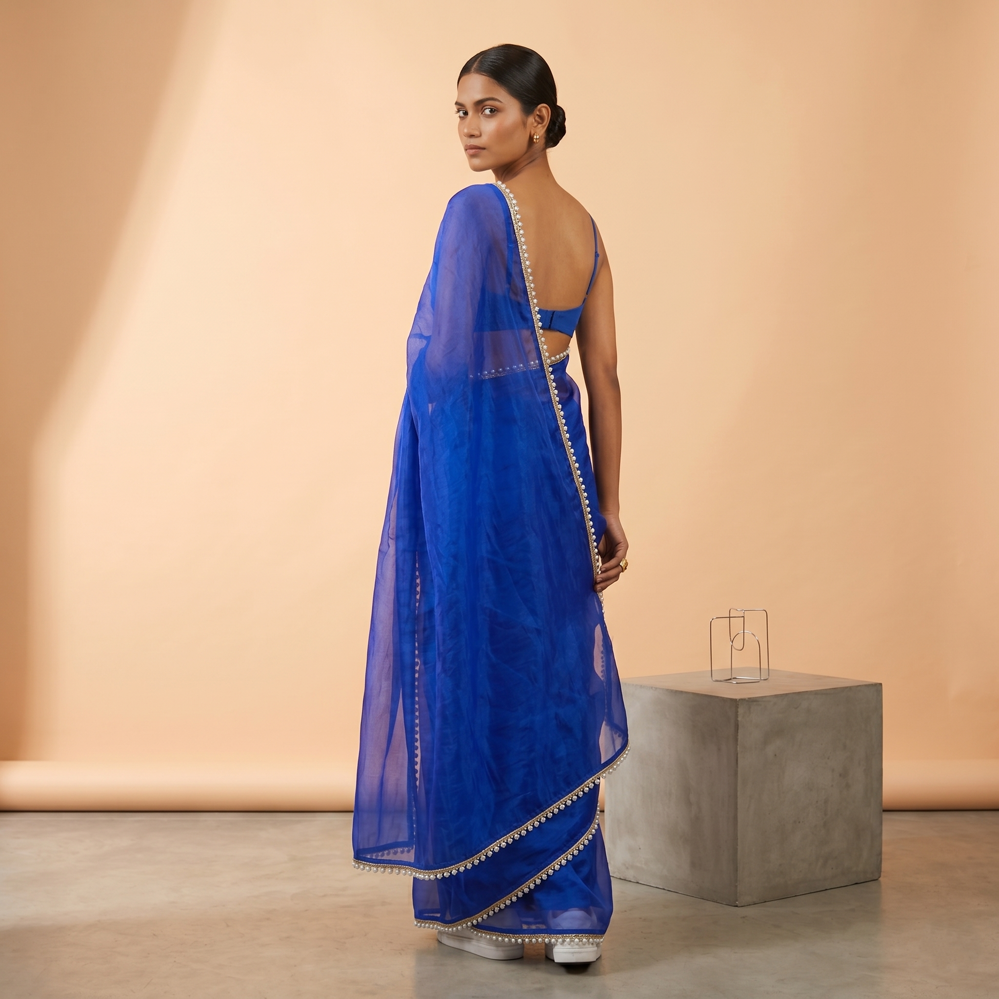 Blue Tissue Saree with Pearl Border