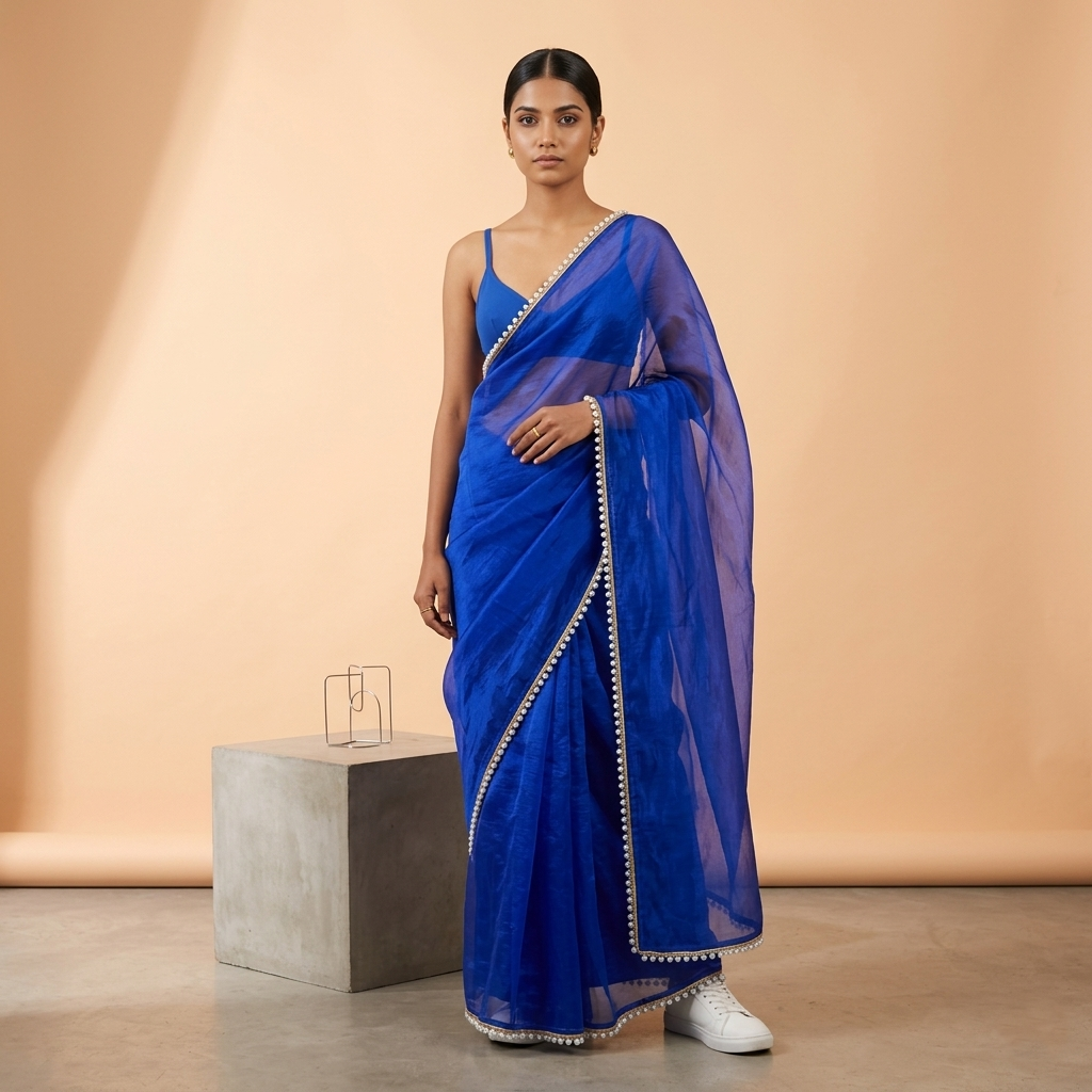 Blue Tissue Saree with Pearl Border