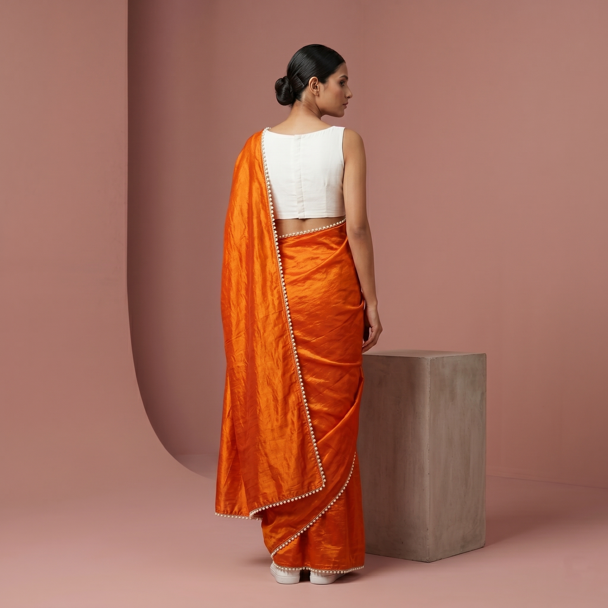 Rust Orange Tissue Saree with Pearl Border