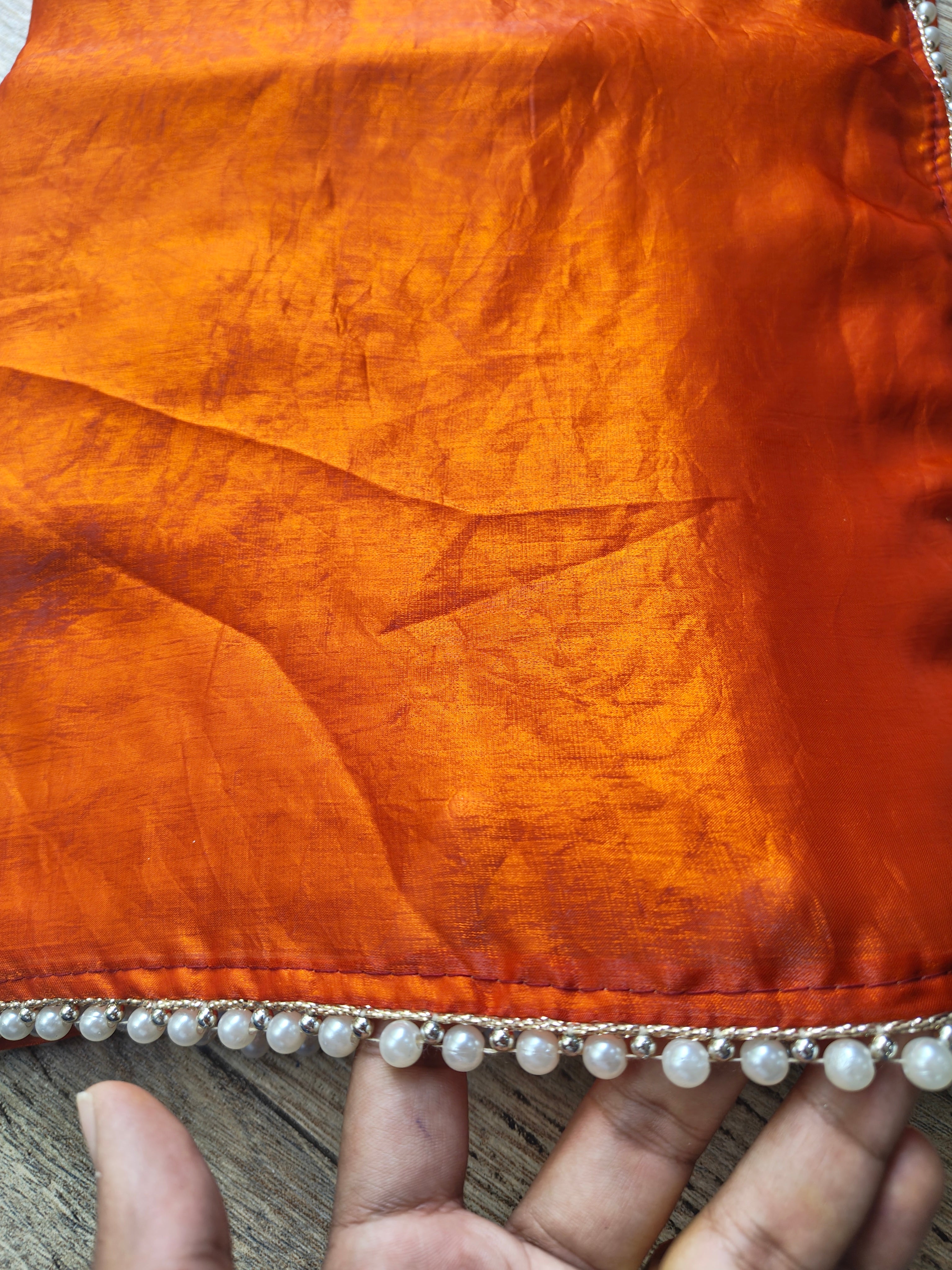 Rust Orange Tissue Saree with Pearl Border