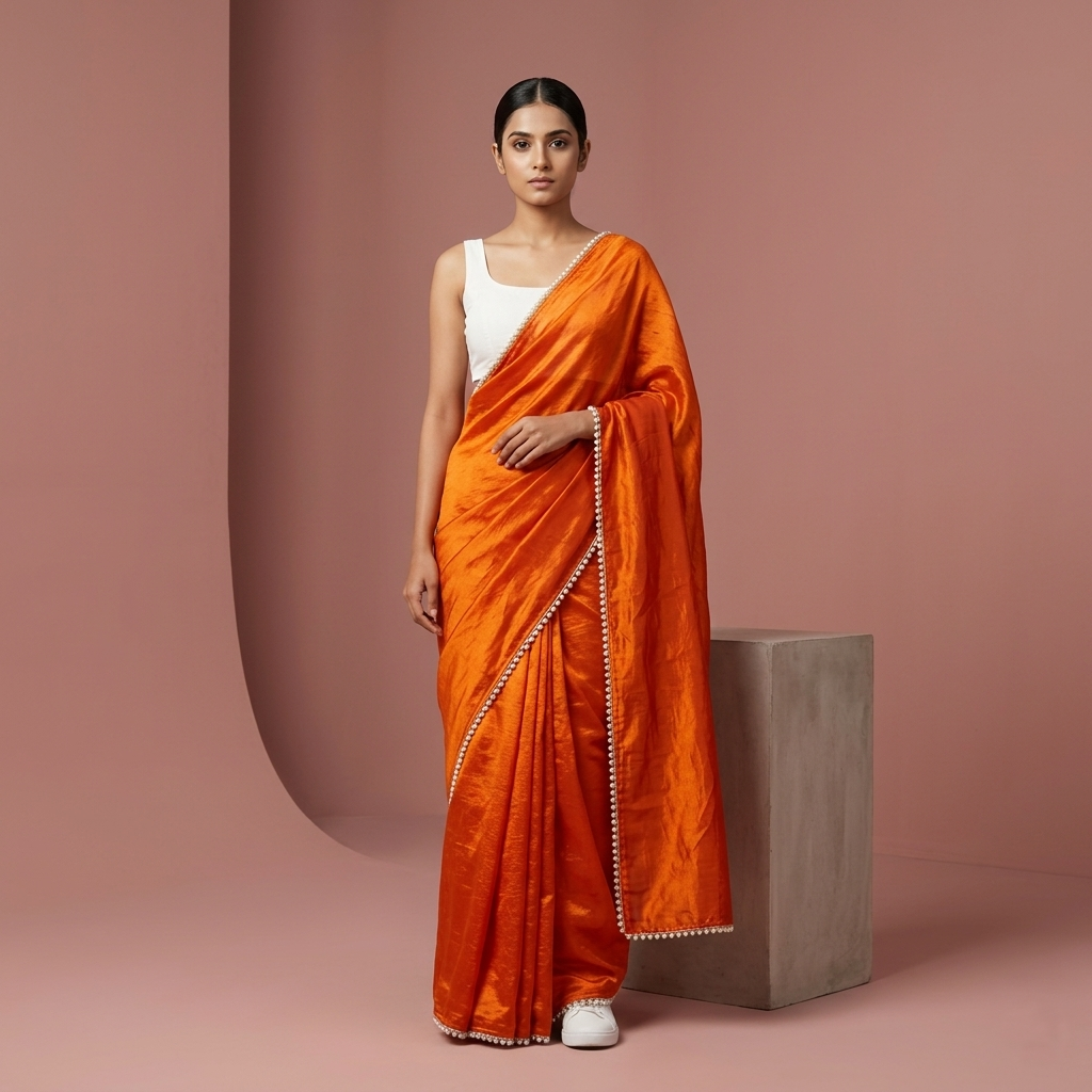 Rust Orange Tissue Saree with Pearl Border