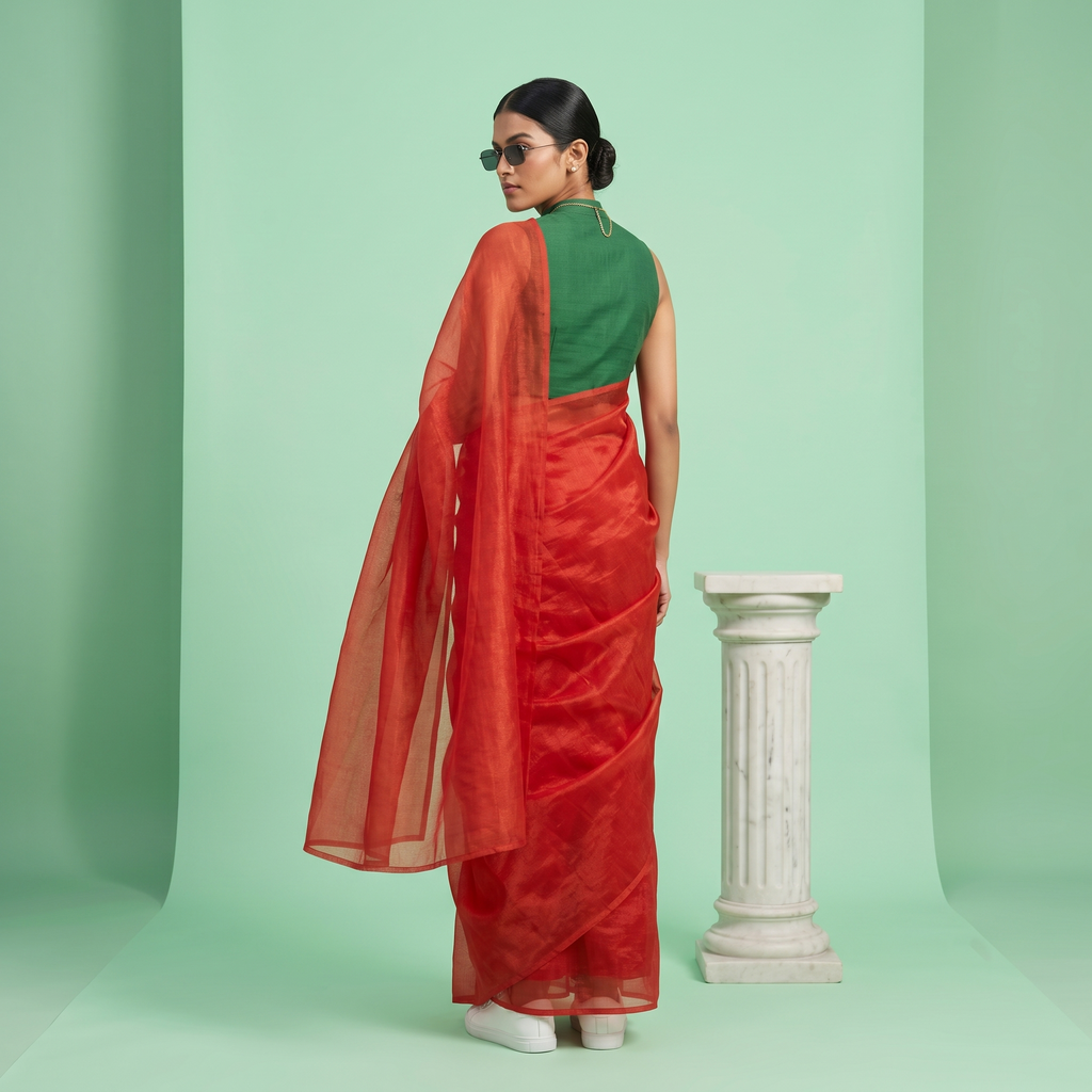 Tissue Oraganza Saree in Red Colour