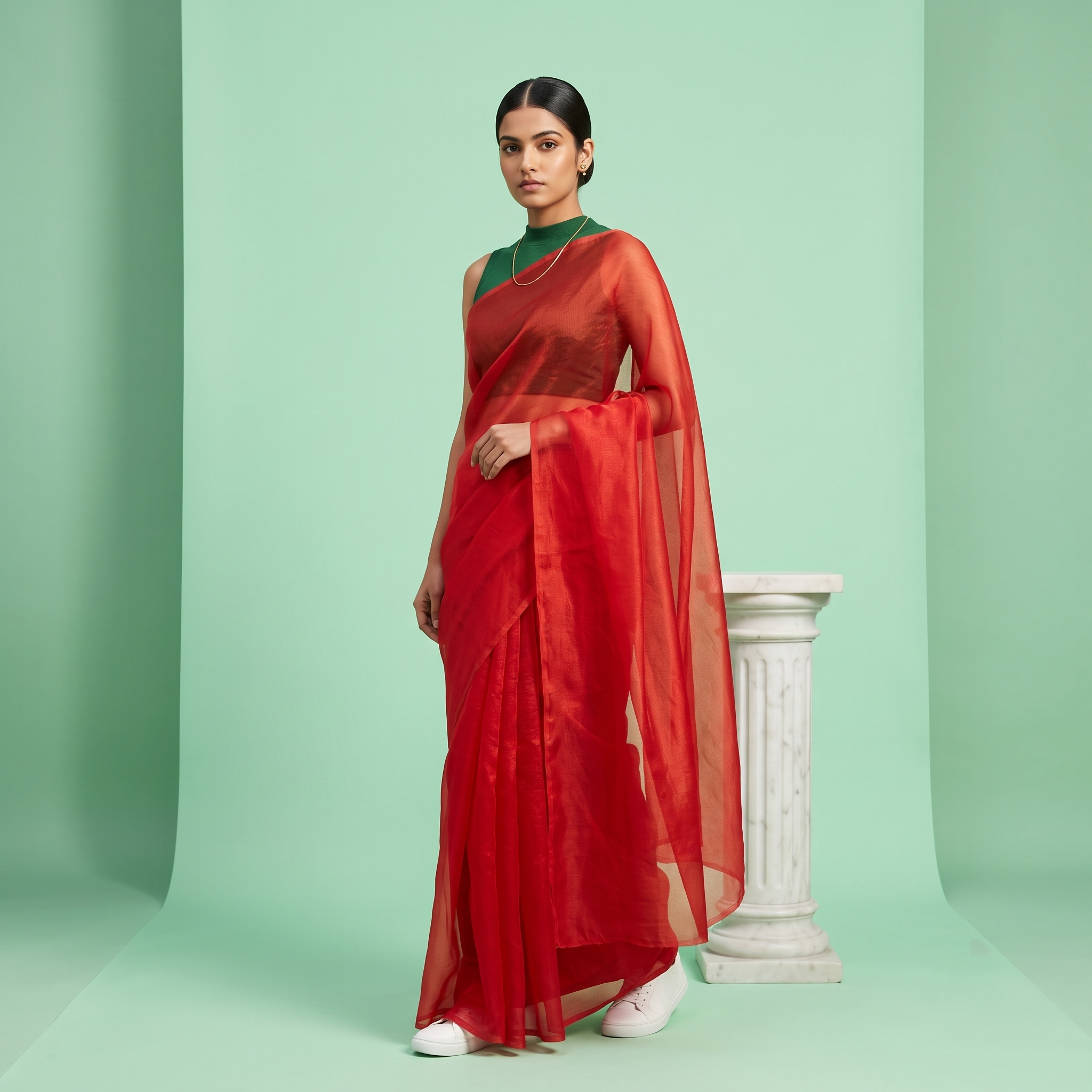 Tissue Oraganza Saree in Red Colour