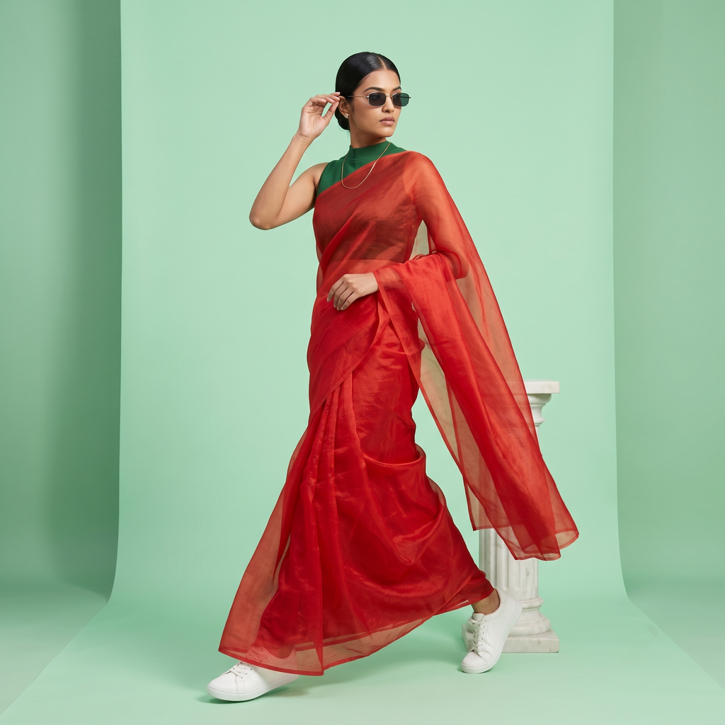 Tissue Oraganza Saree in Red Colour