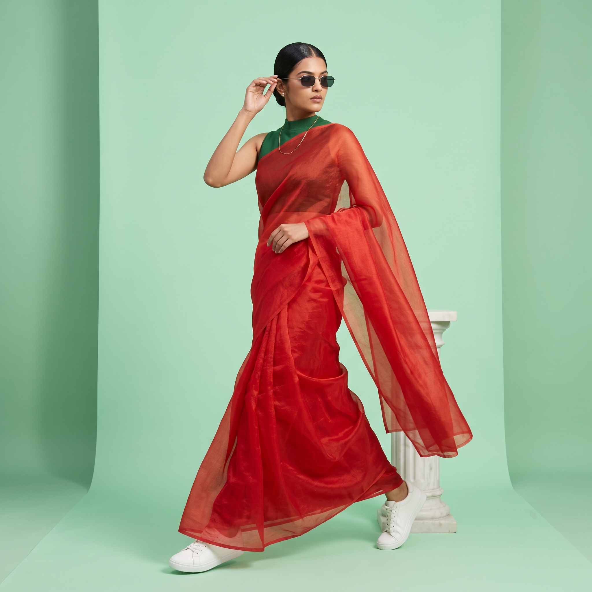 Tissue Oraganza Saree in Red Colour