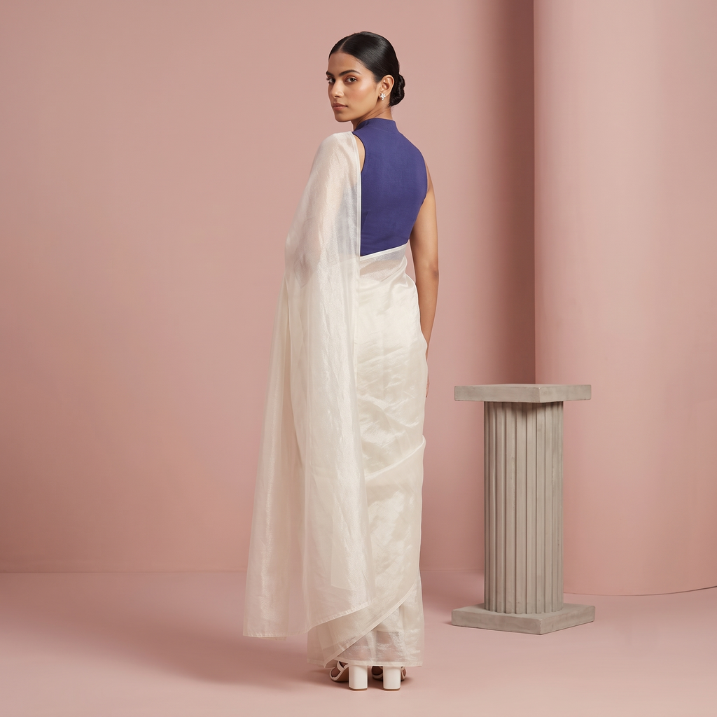Tissue Oraganza Saree in White Colour