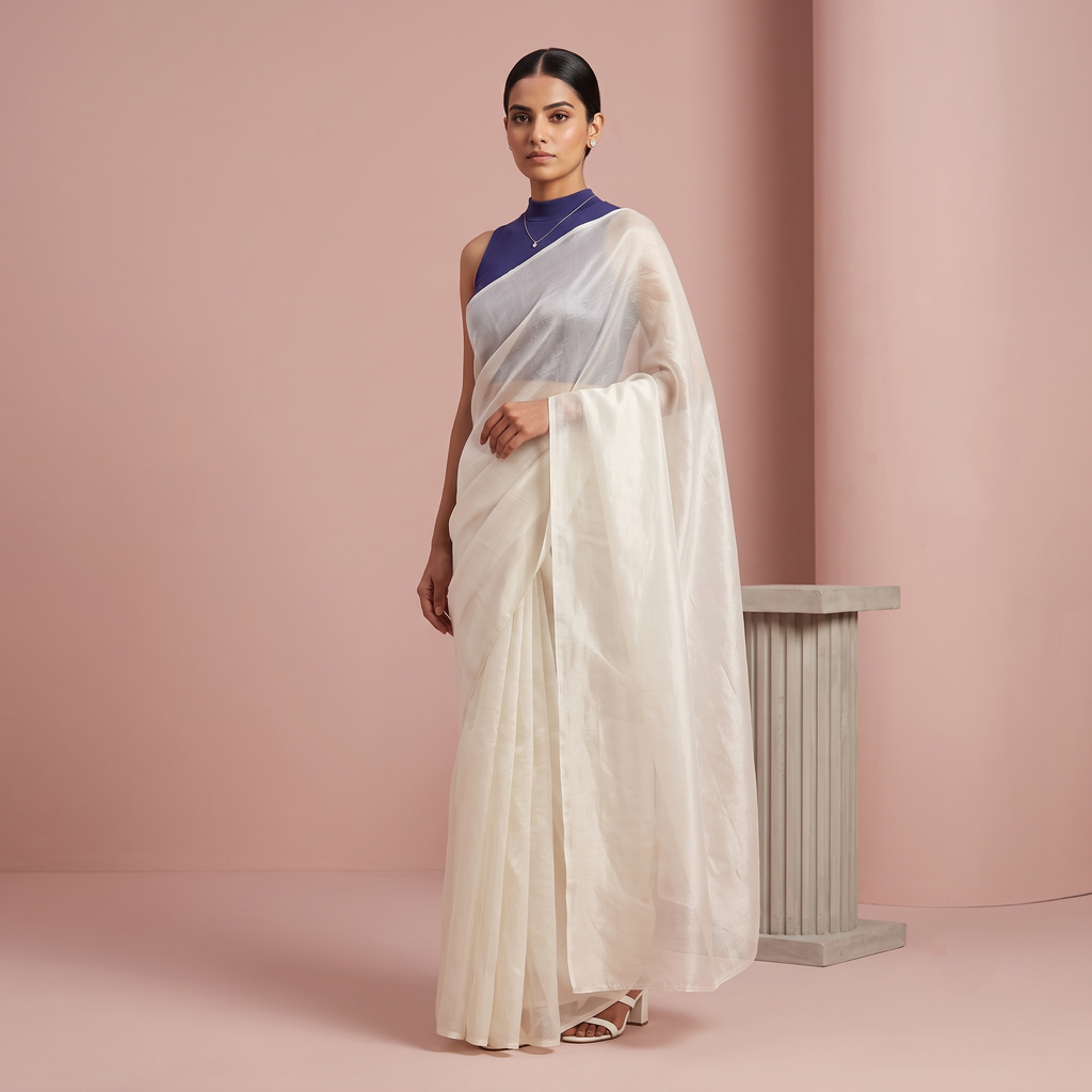 Tissue Oraganza Saree in White Colour