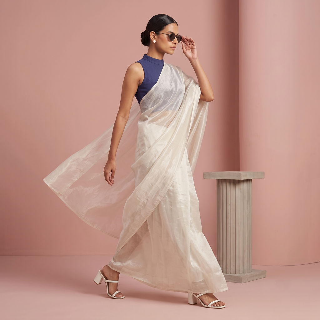 Tissue Oraganza Saree in White Colour