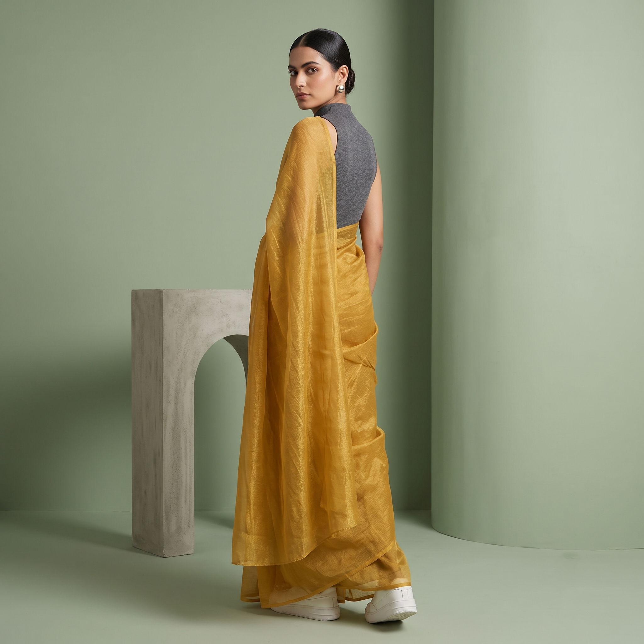 Tissue Oraganza Saree in Yellow Colour