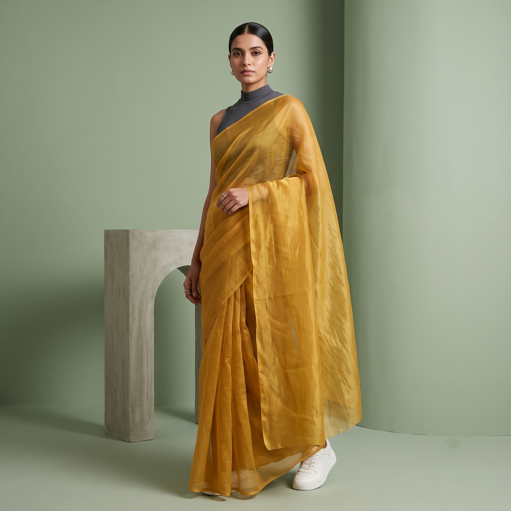 Tissue Oraganza Saree in Yellow Colour