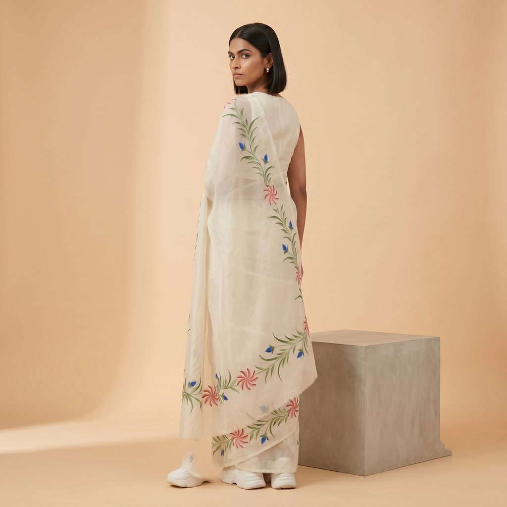 Hand Painted Soft Tissue Saree in Cream White Colour
