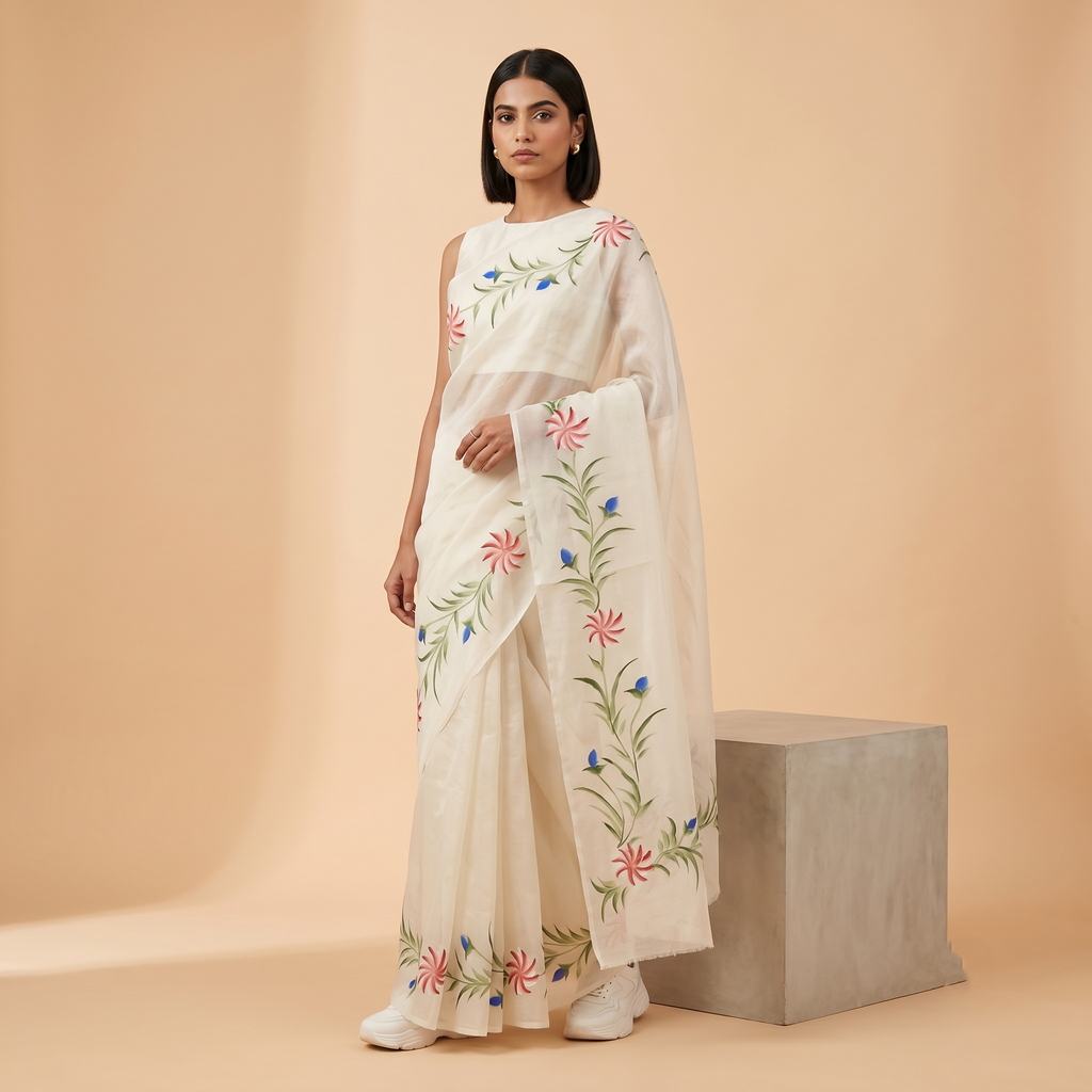 Hand Painted Soft Tissue Saree in Cream White Colour
