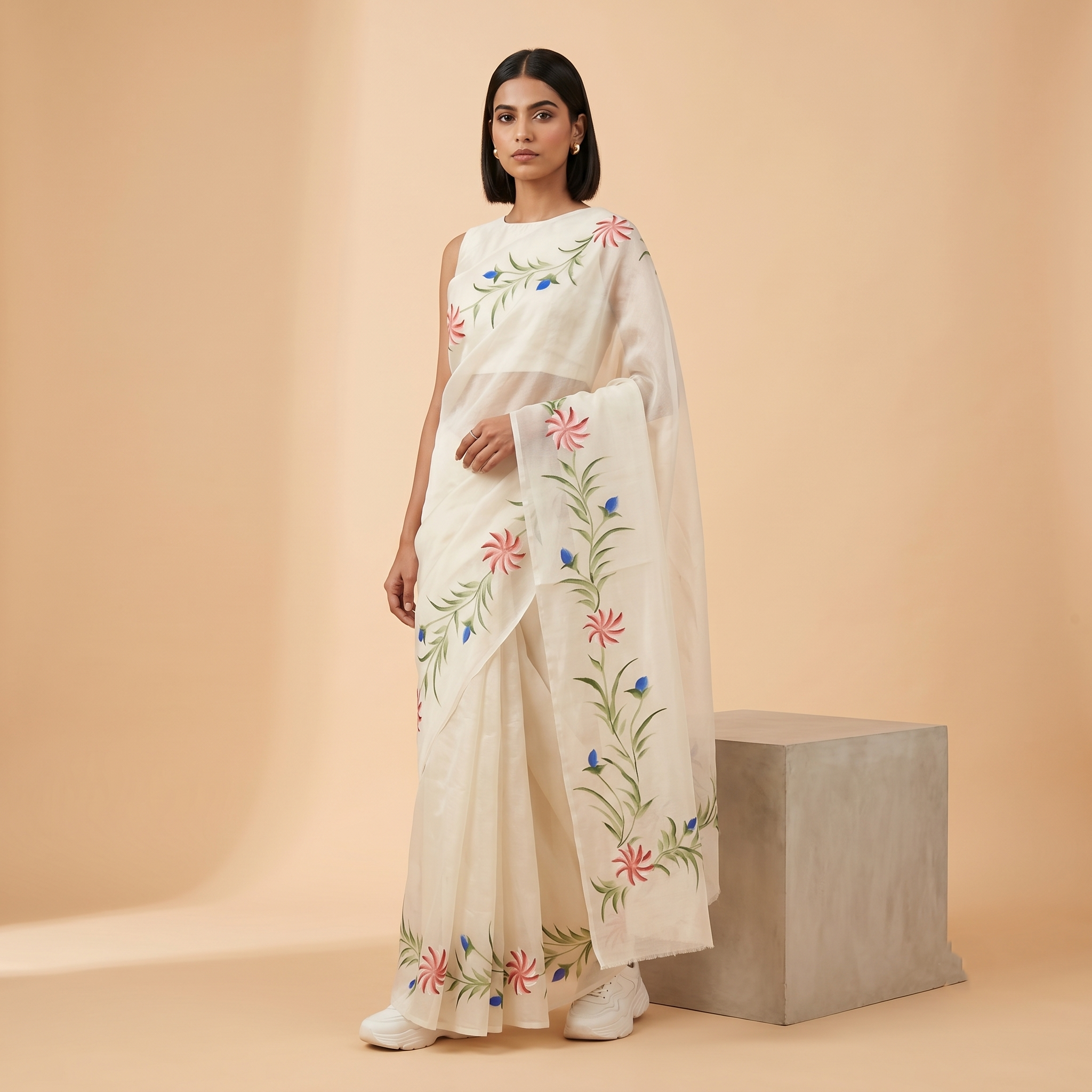 Hand Painted Soft Tissue Saree in Cream White Colour