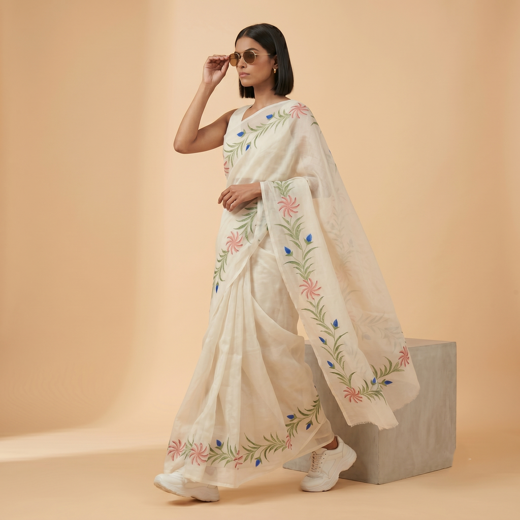Hand Painted Soft Tissue Saree in Cream White Colour