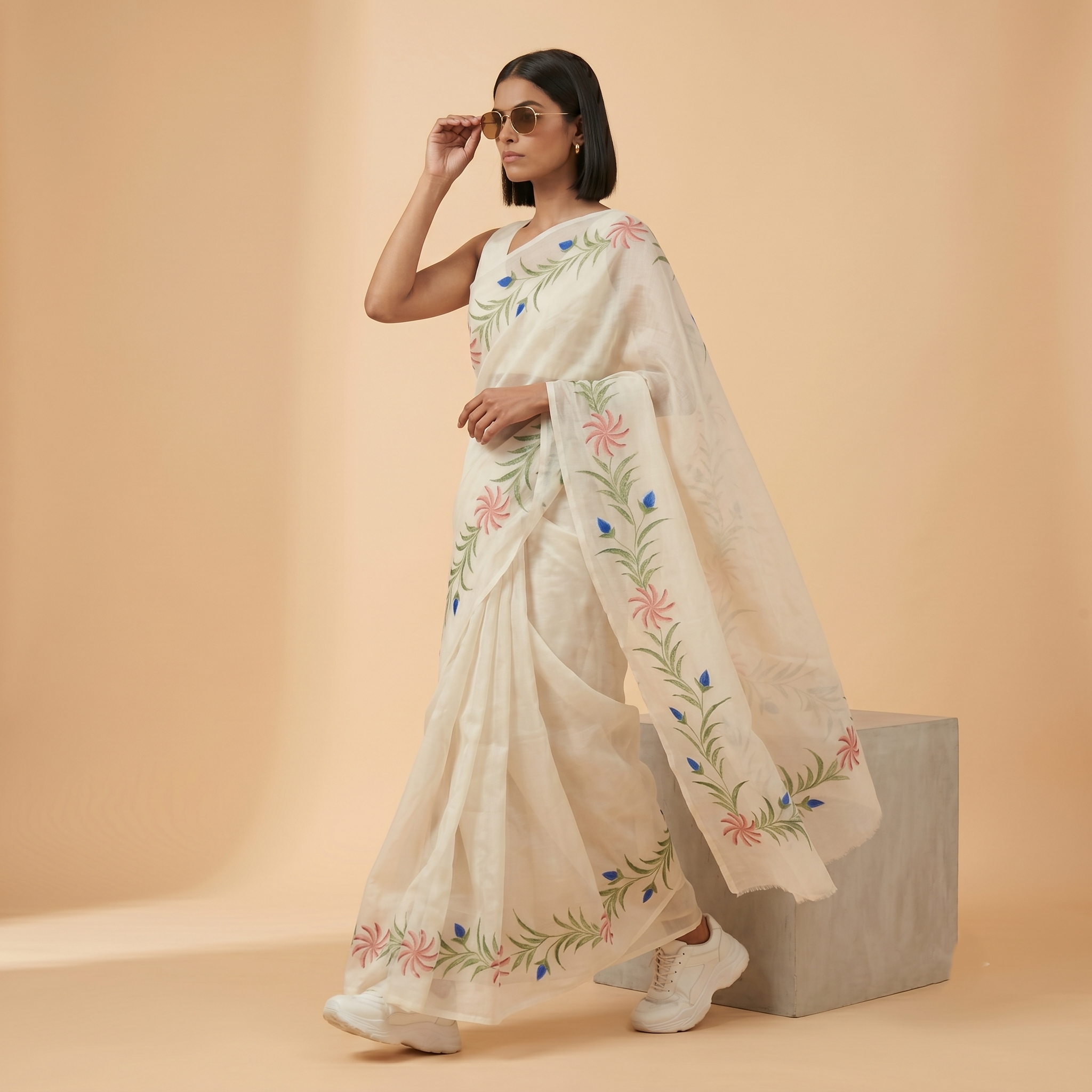 Hand Painted Soft Tissue Saree in Cream White Colour