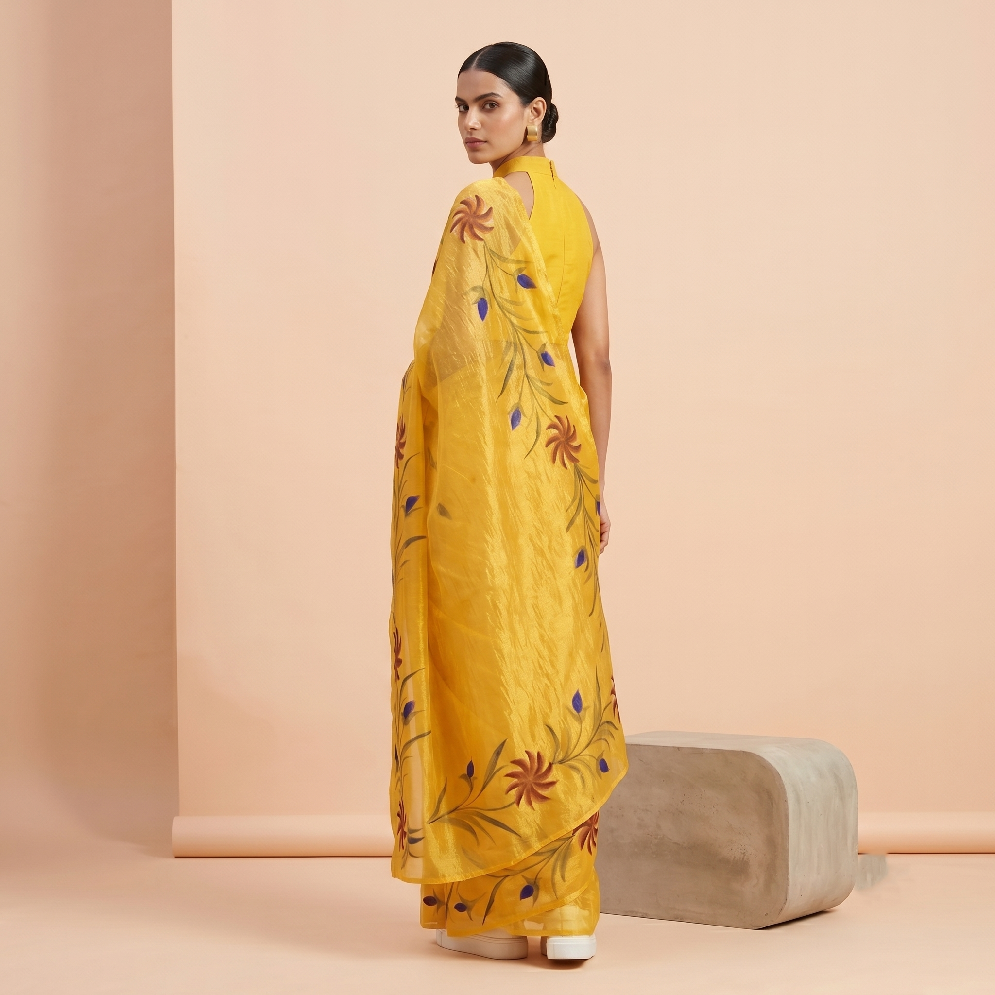 Hand Painted Soft Tissue Saree in Yellow Colour